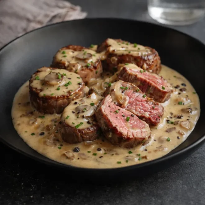 Filet de bœuf à la crème aux échalotes, sauce onctueuse au poivre