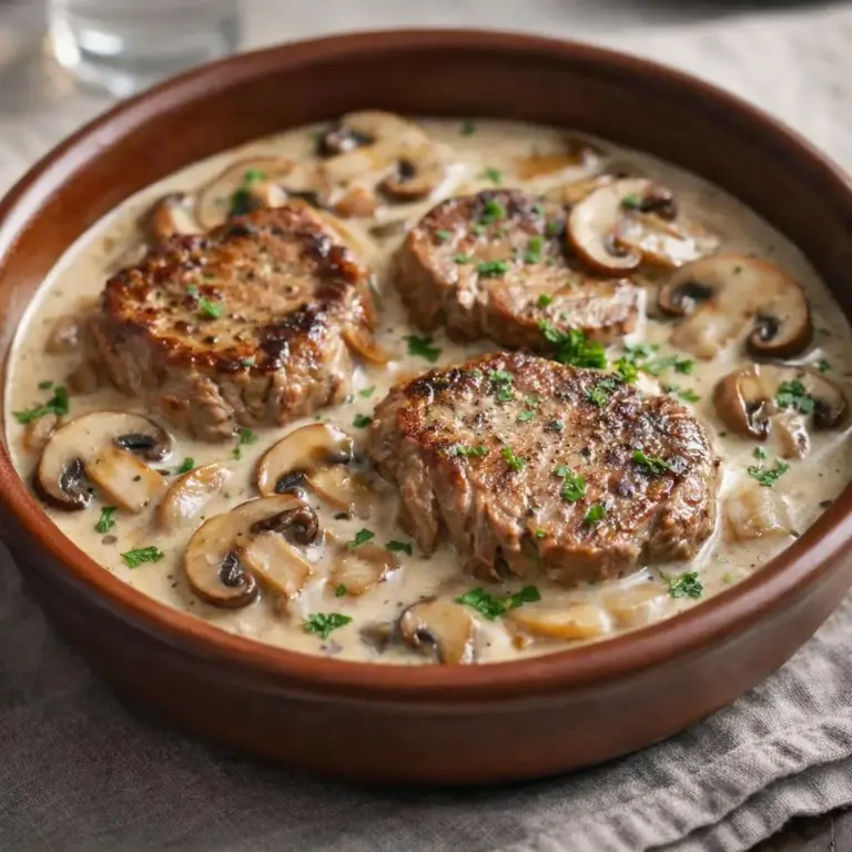 Filet mignon à la crème, échalotes et champignons poêlés