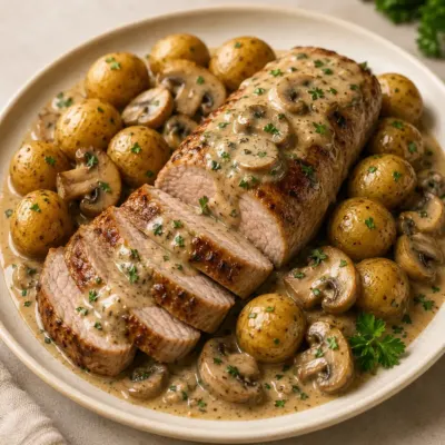 Filet Mignon à la Sauce Crémeuse aux Champignons et Pommes de Terre Grenailles