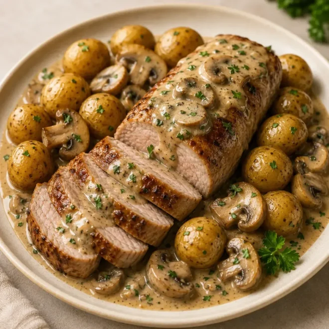Filet Mignon à la Sauce Crémeuse aux Champignons et Pommes de Terre Grenailles