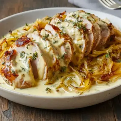 Filet mignon aux oignons confits et reblochon, sauce crémeuse au vin blanc