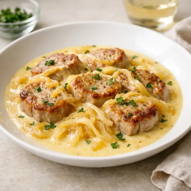 Filet mignon de porc à la crème de reblochon, oignons jaunes caramélisés