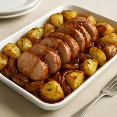 Filet mignon de porc au four, oignons confits à la poêle et pommes de terre rôties