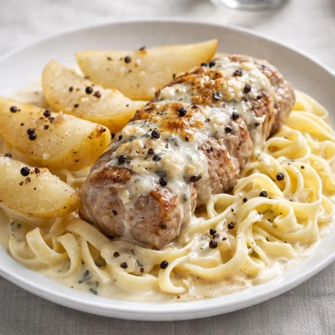 Filet mignon au gorgonzola, poires poêlées et sauce crémeuse