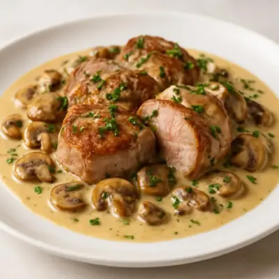 Filet mignon de porc aux champignons crémeux, sauce onctueuse