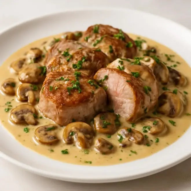 Filet mignon de porc aux champignons crémeux, sauce onctueuse