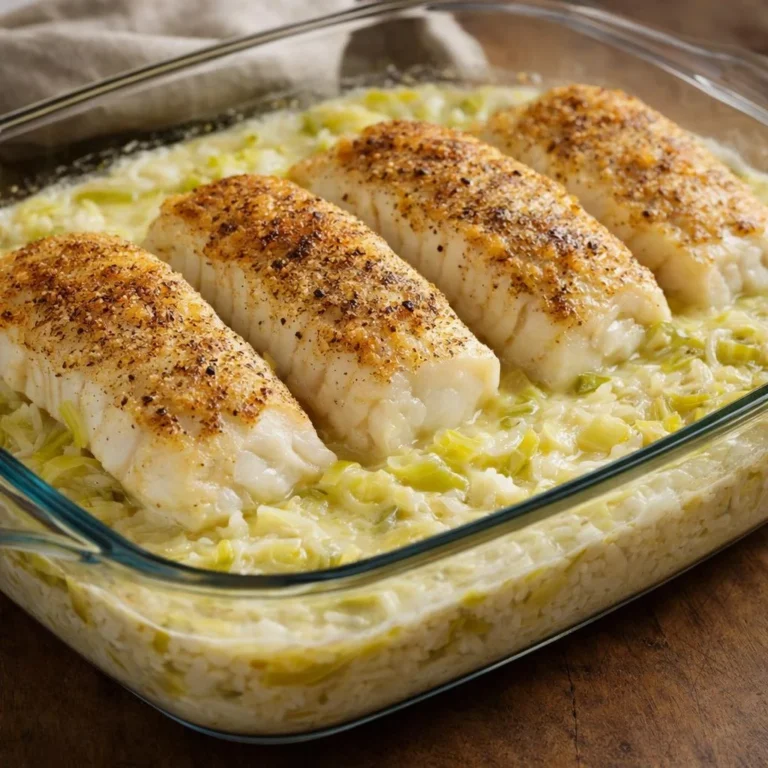 Filets de cabillaud fondants sur fondue de poireaux & riz