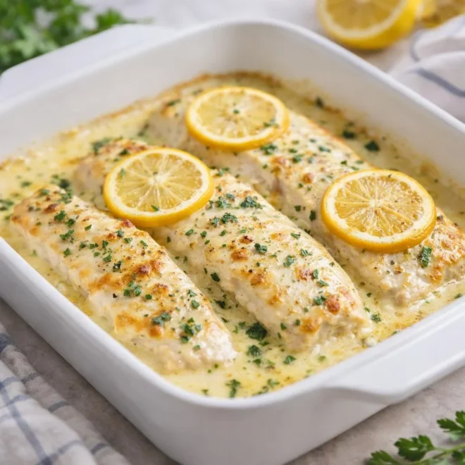 Filets de poulet au citron et crème, gratinés au four