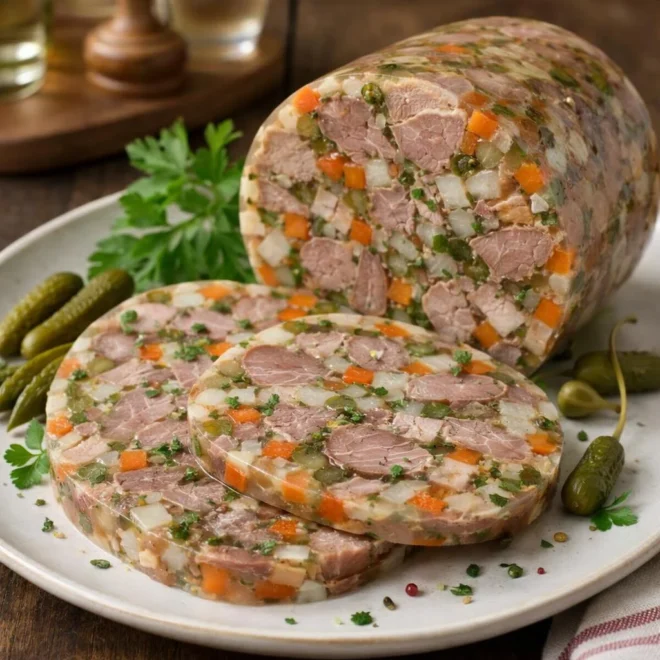 Fromage de tête aux légumes croquants (gelée maison, coupe parfaite)