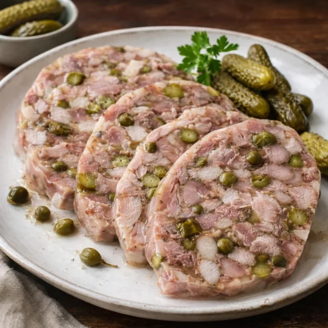 Fromage de tête de porc aux câpres et cornichons (aspic maison)