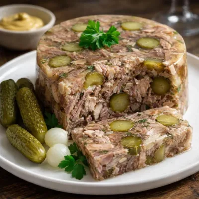 Fromage de tête de porc aux cornichons aspic maison