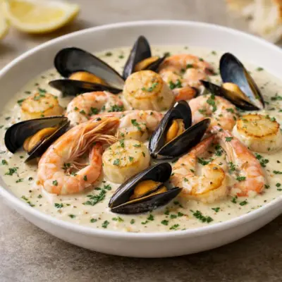 Fruits de mer à la sauce crème ail vin blanc