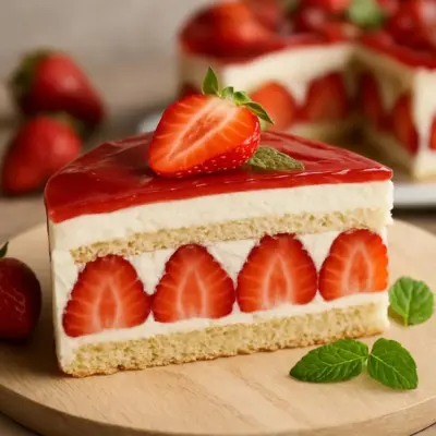 Gâteau frais façon fraisier aux fraises, génoise moelleuse et crème légère mascarpone