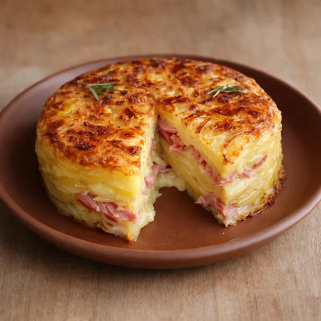 Gâteau de pommes de terre au jambon et fromage