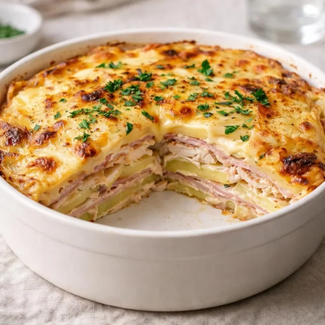 Gâteau raclette jambon poulet : gratiné et fondant