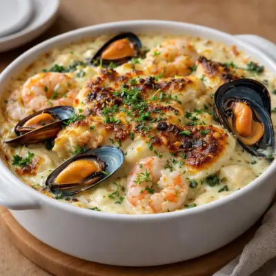 Gratin de cabillaud crevettes moules au citron-ail
