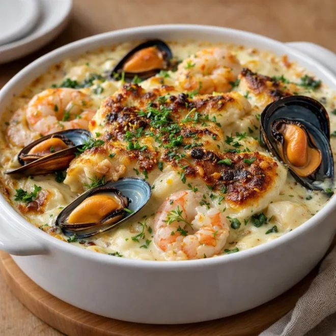 Gratin de cabillaud crevettes moules au citron-ail