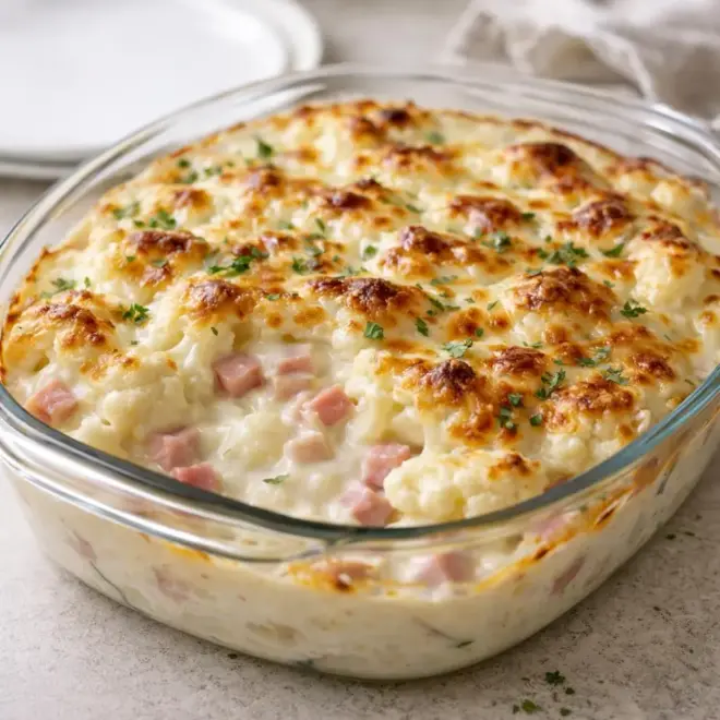 Gratin de chou-fleur et dés de jambon au four (béchamel légère)
