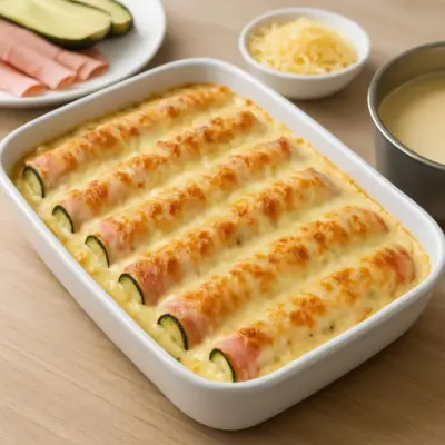 Gratin de courgettes enroulées au jambon, sauce béchamel légère et fromage