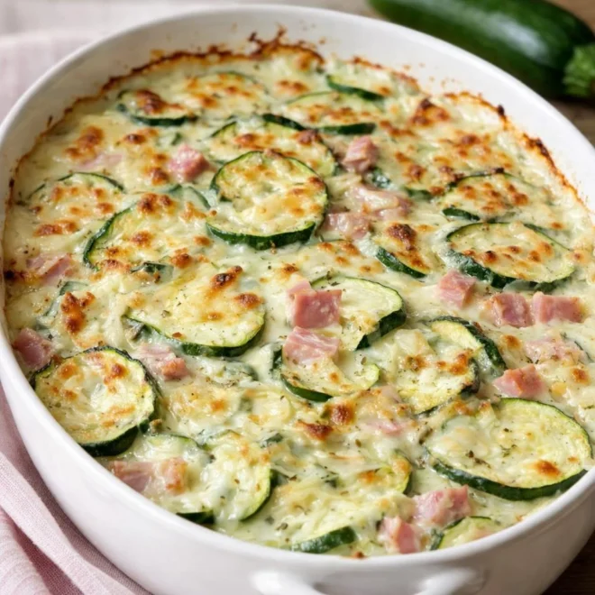 Gratin de courgettes au jambon et à la crème, fondant et gratiné