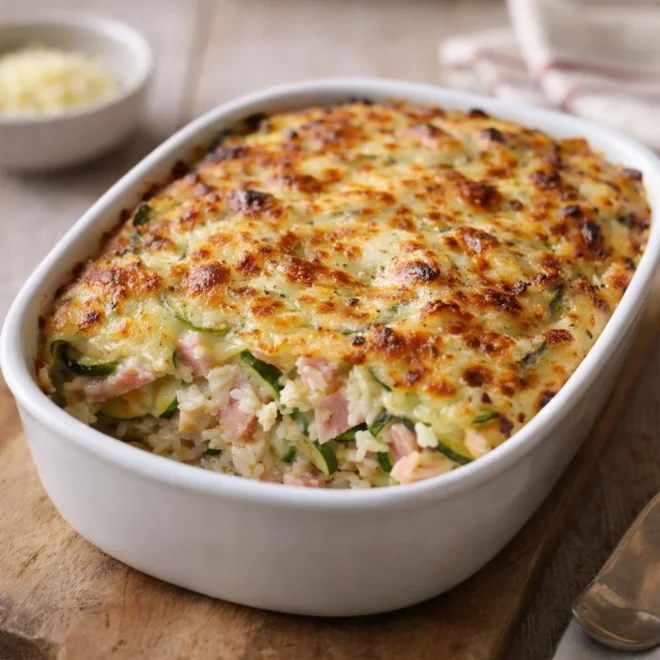 Gratin de courgettes jambon riz au four, béchamel