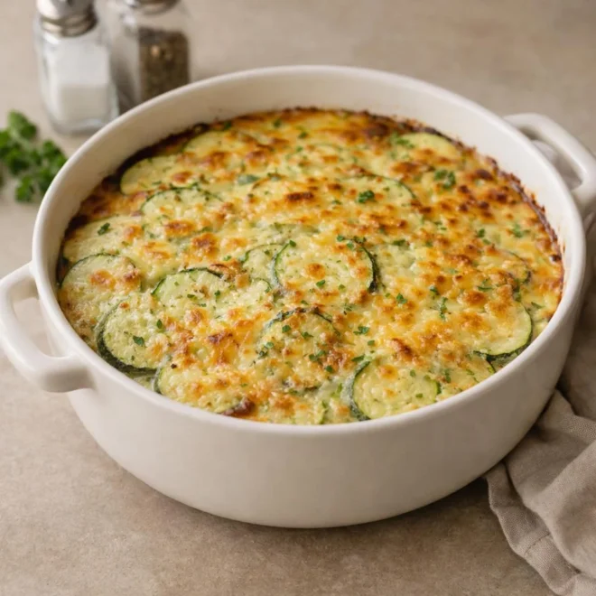 Gratin de courgettes et oignons à la crème, recouvert de fromage