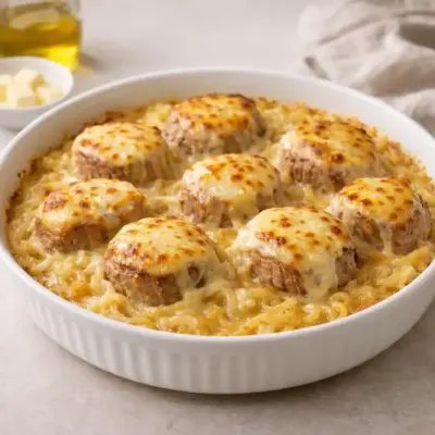 Gratin de pâtes au veau : mozzarella & oignons confits