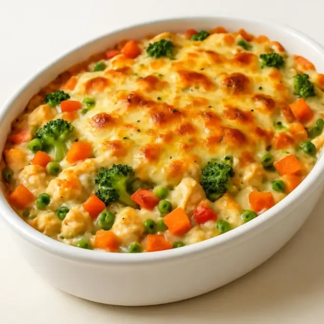Gratin de riz au poulet et légumes, sauce crémeuse au fromage