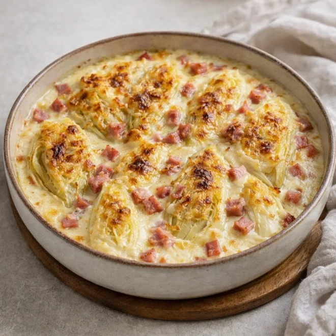 Gratin de endives aux lardons et à la crème, fromage râpé