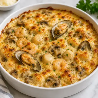 Gratin de moules et champignons à la crème, au comté et chapelure dorée