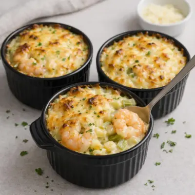 Gratin de pâtes aux poireaux et crevettes au four