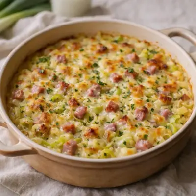 Gratin de pâtes aux poireaux : jambon et comté
