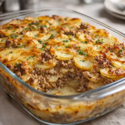 Gratin de pommes de terre au bœuf haché, doré au four