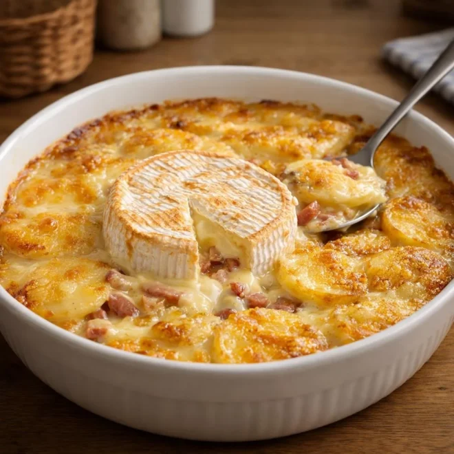 Gratin de pommes de terre au camembert : lardons fumés
