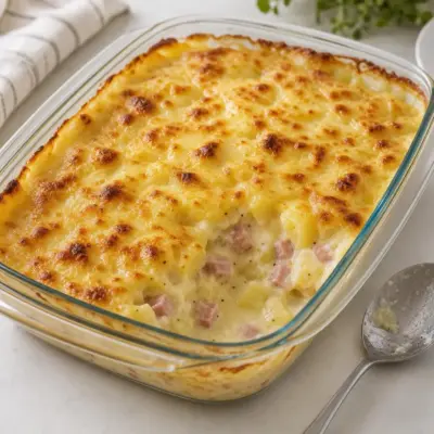 Gratin de pommes de terre aux dés de jambon et emmental (croûte dorée au four)