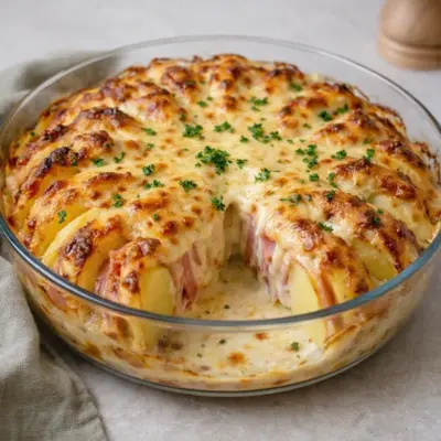 Gratin de pommes de terre au jambon, couronne au four
