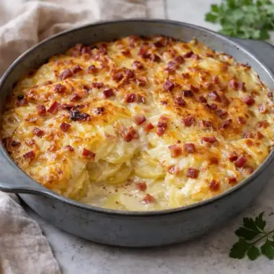 Gratin de pommes de terre au lard et reblochon, crème à l’ail