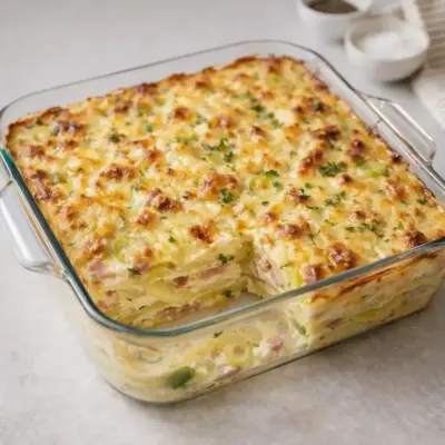 Gratin de pommes de terre poireaux lardons au four