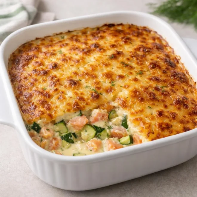 Gratin de saumon aux courgettes et aneth (mijoté à la crème)