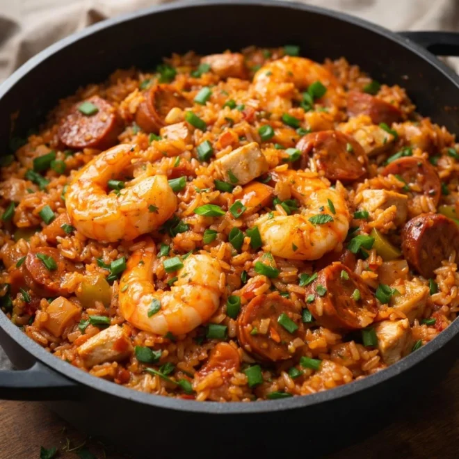 Jambalaya créole : crevettes, poulet et chorizo