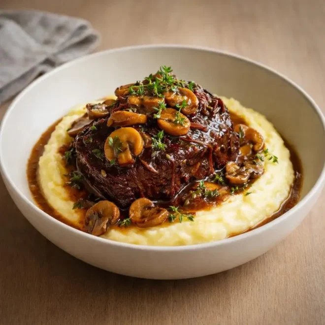 Joue de bœuf confite aux champignons et purée maison