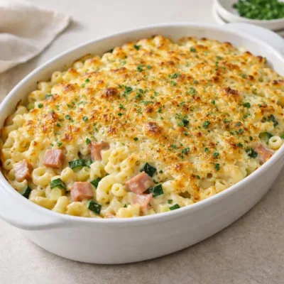 Macaroni au gratin crémeux au jambon et courgettes