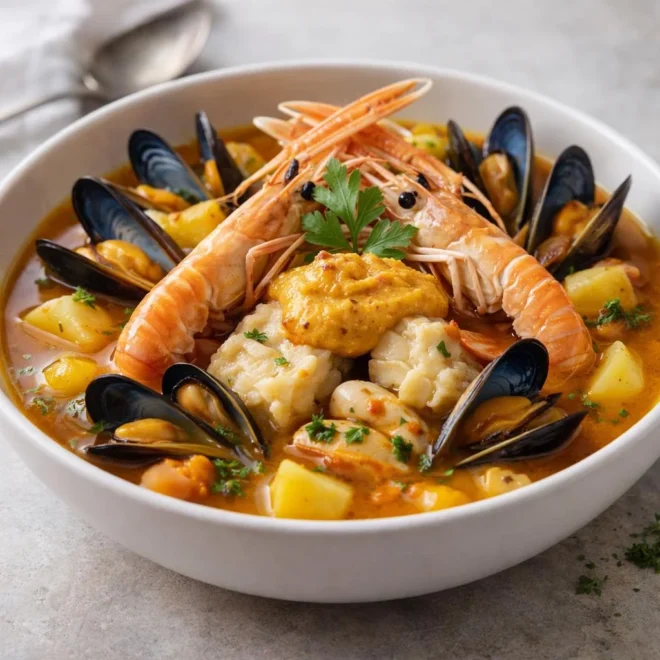 Marmite de la mer avec sauce rouille (bisque légère safranée)