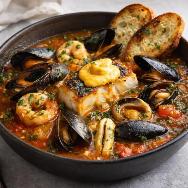 Marmite de la Mer aux moules, crevettes et rouille (sauce safranée)