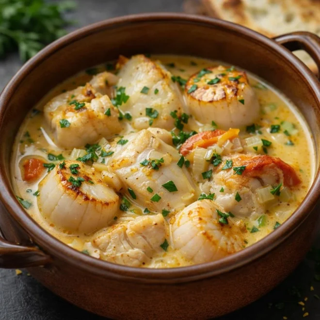 Marmite de lotte et Saint-Jacques au fumet de poisson, sauce safranée