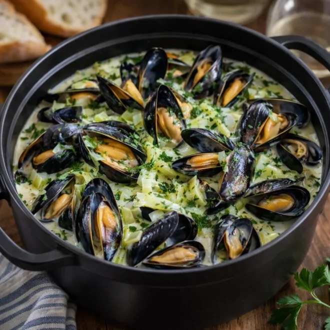 Marmite de moules au poireau, vin blanc et crème