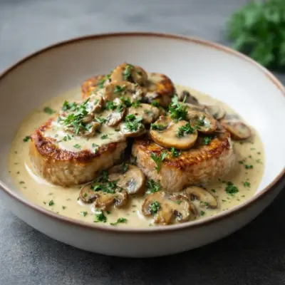 MÉDAILLONS DE PORC À LA CRÈME ET AUX CHAMPIGNONS