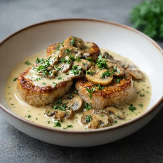 MÉDAILLONS DE PORC À LA CRÈME ET AUX CHAMPIGNONS