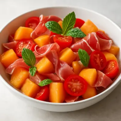 Melon au jambon cru et tomates cerises, salade fraîche à la menthe