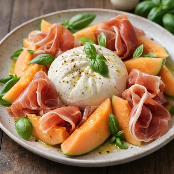 Melon mûr, burrata crémeuse et jambon de Parme (salade fraîche au basilic)